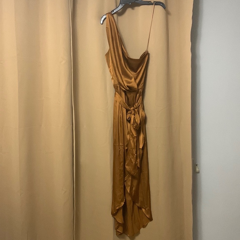 One shoulder copper satin Baltic Born dress